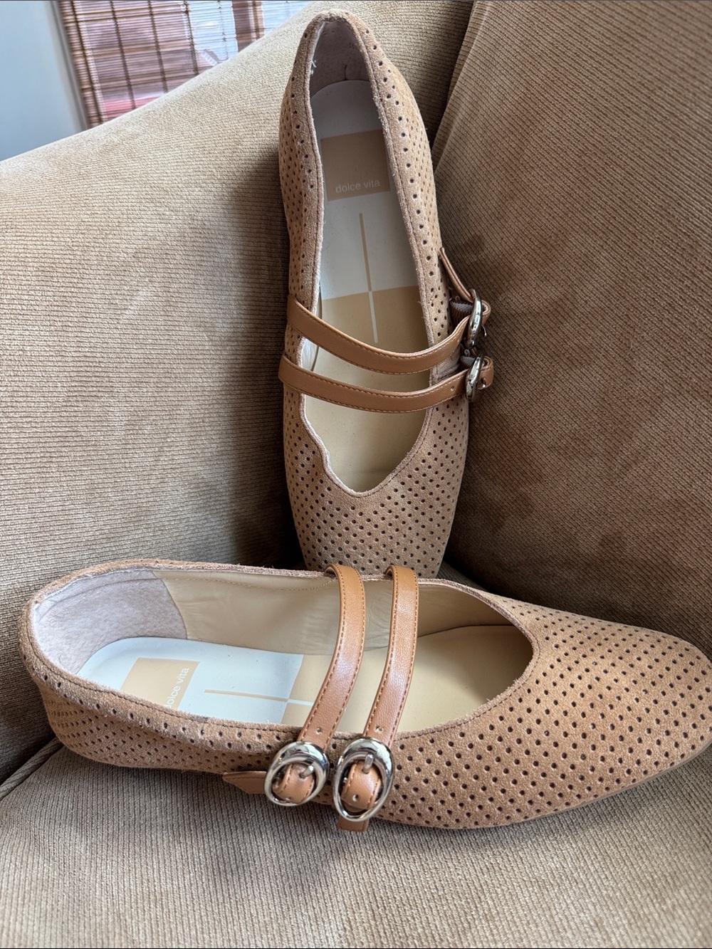 Dolce Vita Tan Perforated Suede Mary Jane Flats with Double Straps